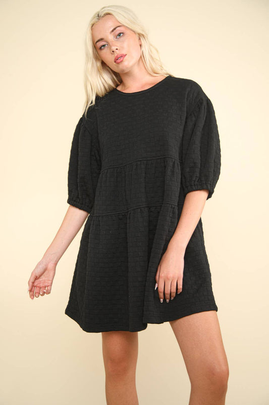 QUILTED KNIT DRESS: BLACK