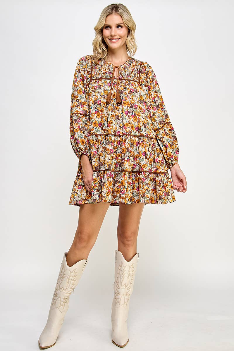 RUST FLORAL BALLOON SLEEVE DRESS