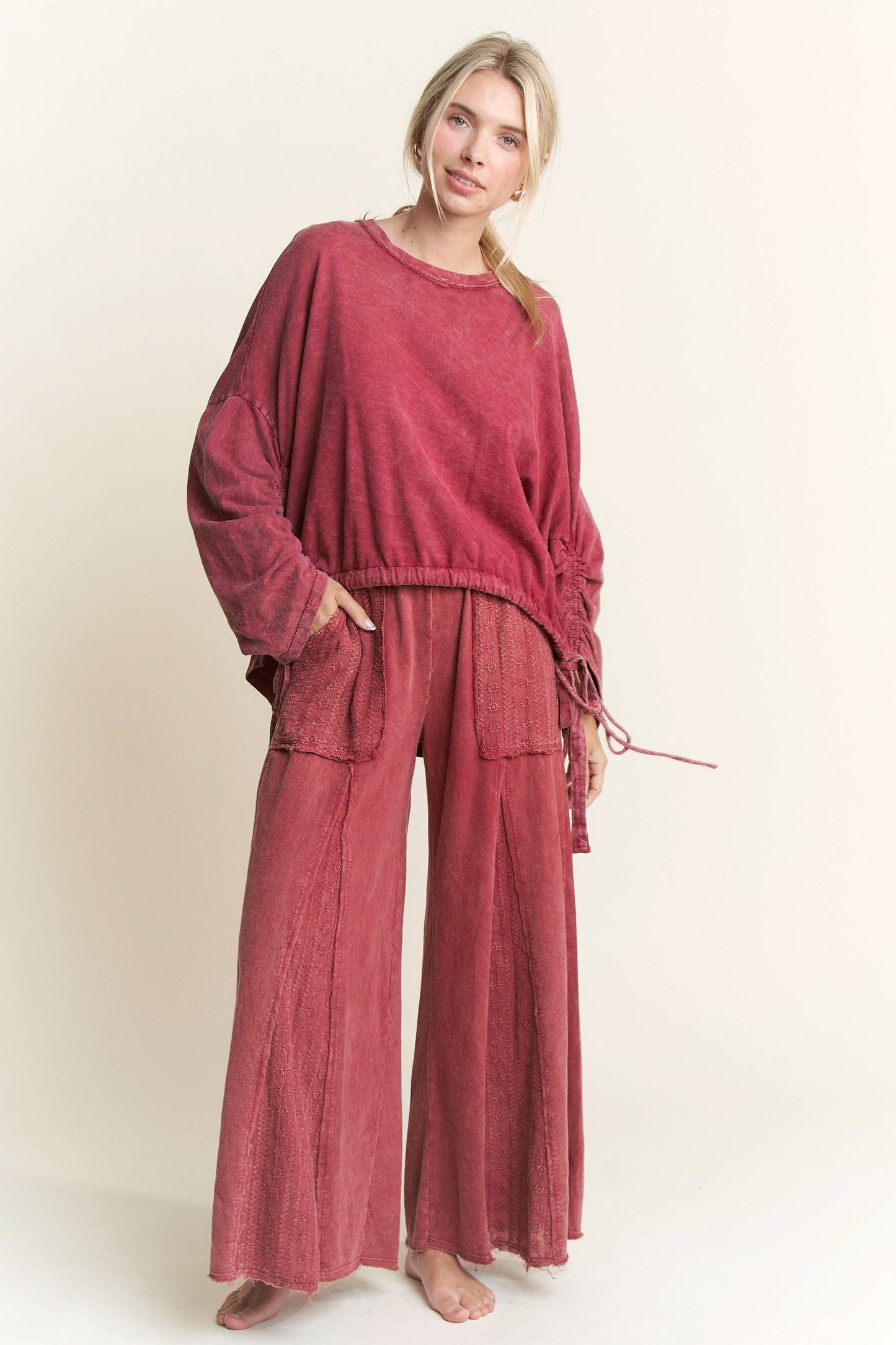 BURGUNDY MINERAL WASH FLARE PANT