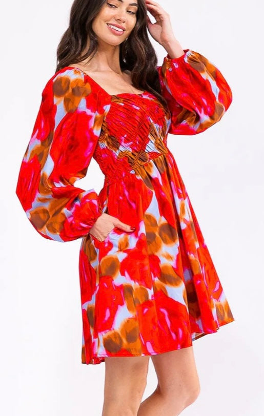RED MULTI PUFF SLEEVE DRESS