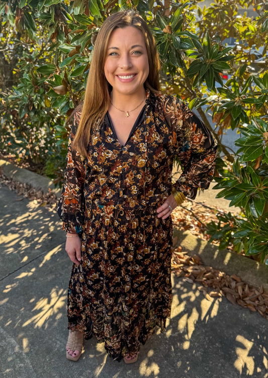 FLORAL PRINT BUTTON UP RUFFLE MAXI: BLACK