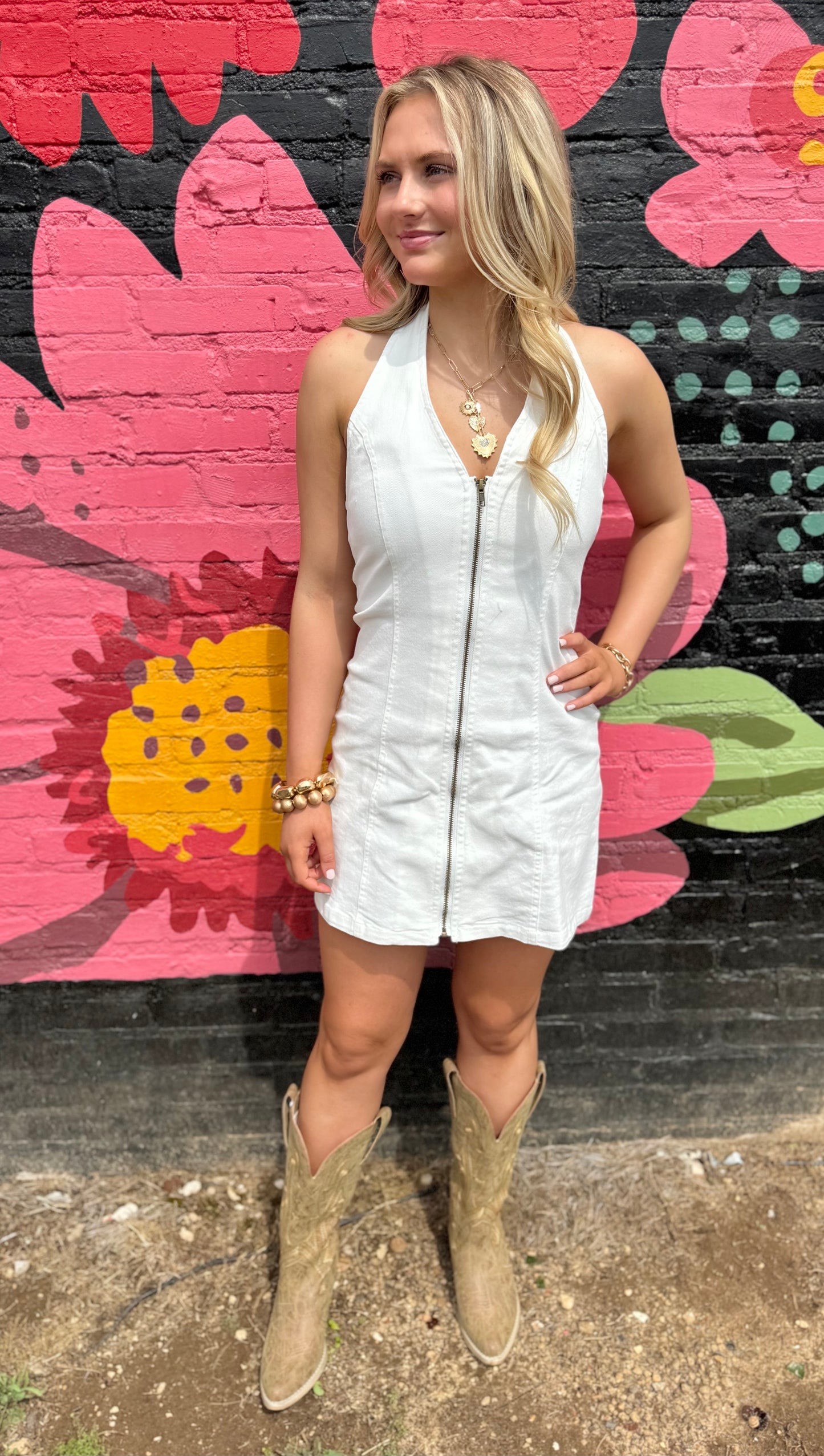 ZIP HALTER DRESS: WHITE DENIM