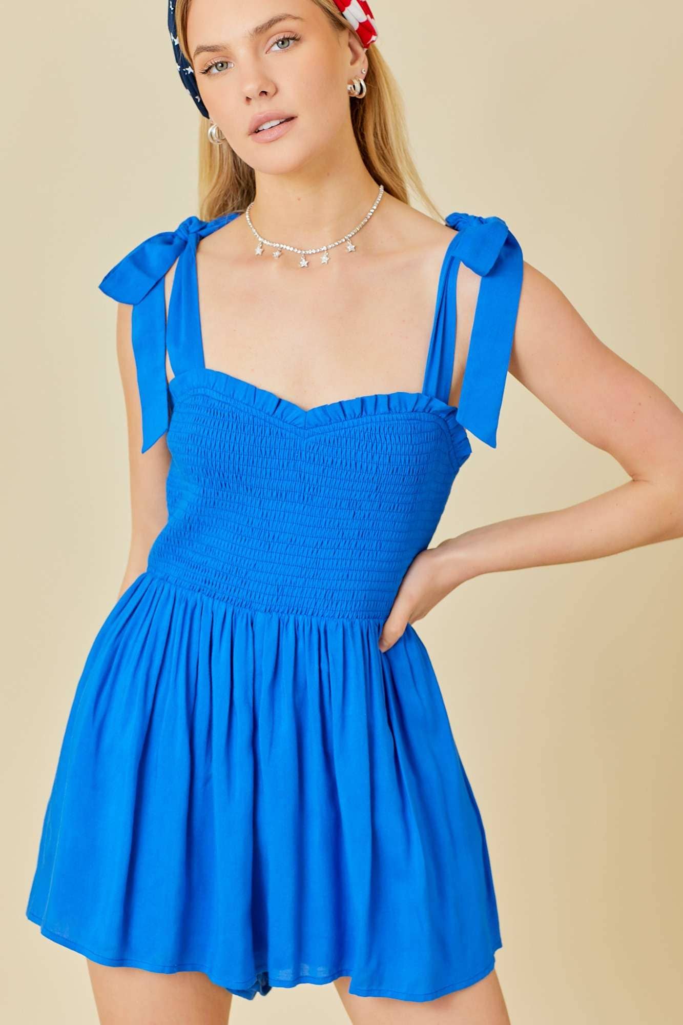 ROYAL BLUE SHOULDER TIE ROMPER