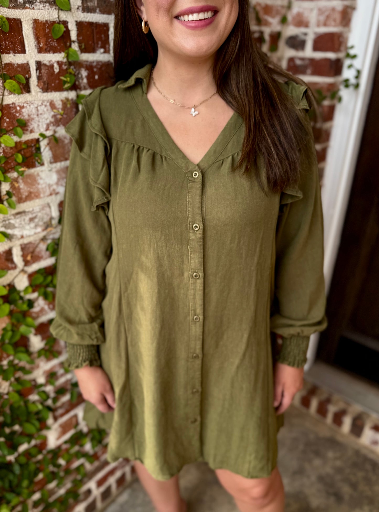 OLIVE RUFFLE SLEEVE DRESS