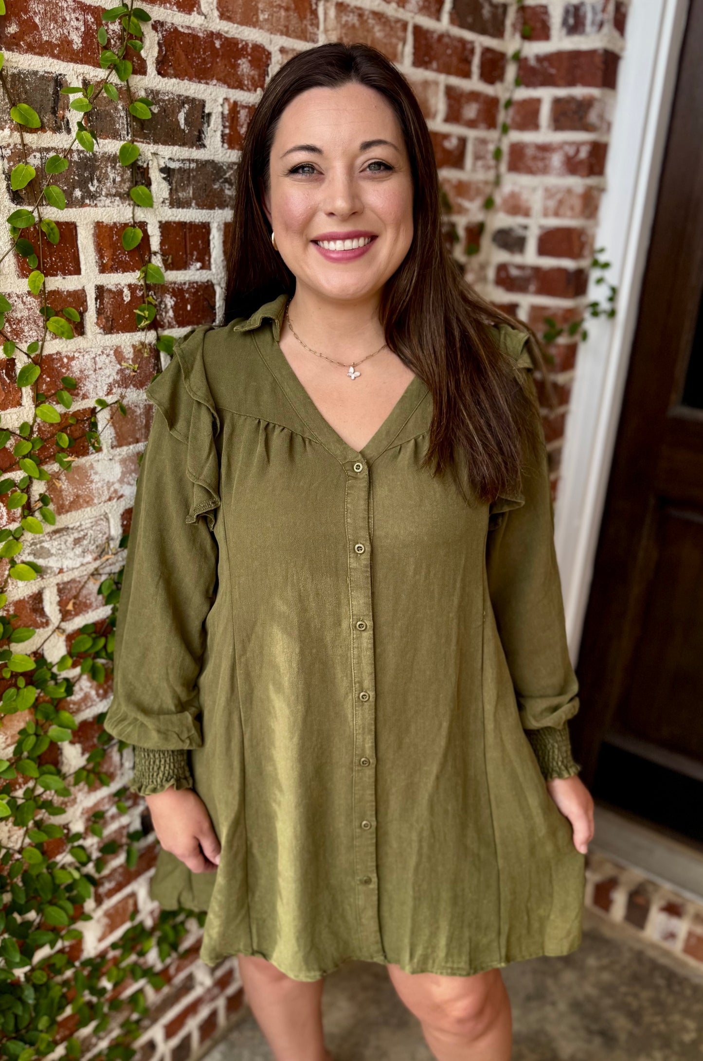 OLIVE RUFFLE SLEEVE DRESS
