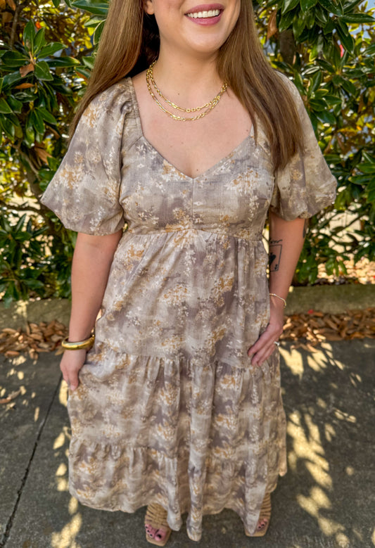 FLORAL V-NECK BUBBLE SLEEVE DRESS: TAUPE MULTI