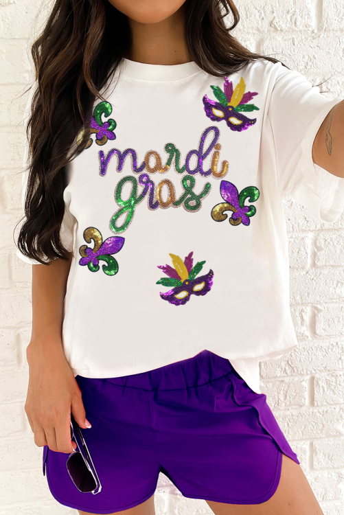 WHITE SEQUIN MARDI GRAS TEE