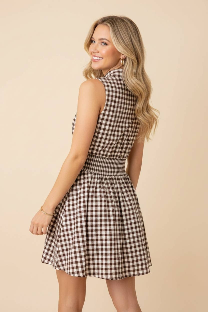 GINGHAM ZIP DRESS: BROWN