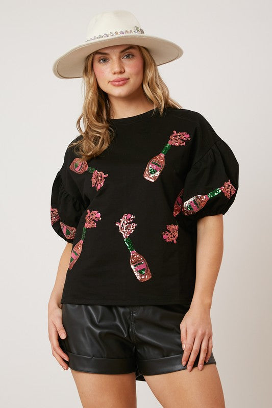 SEQUIN CHAMPAGNE BUBBLE SLEEVE TOP
