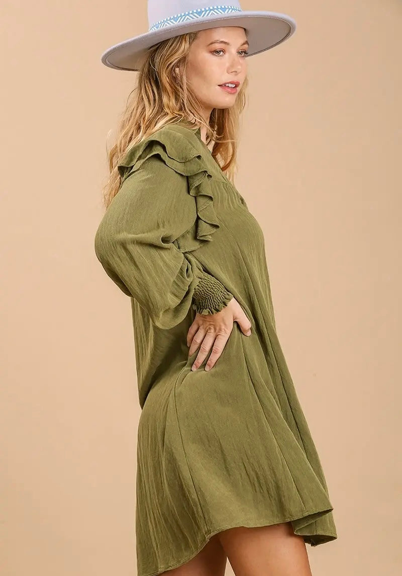 OLIVE RUFFLE SLEEVE DRESS
