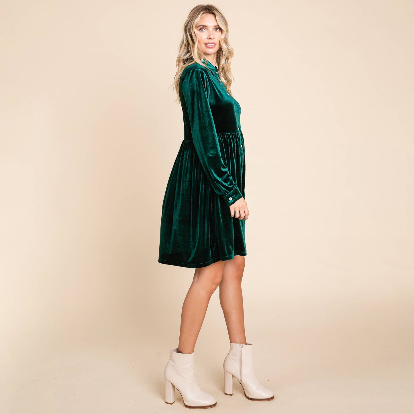 EMERALD VELVET SMOCKED WAIST DRESS