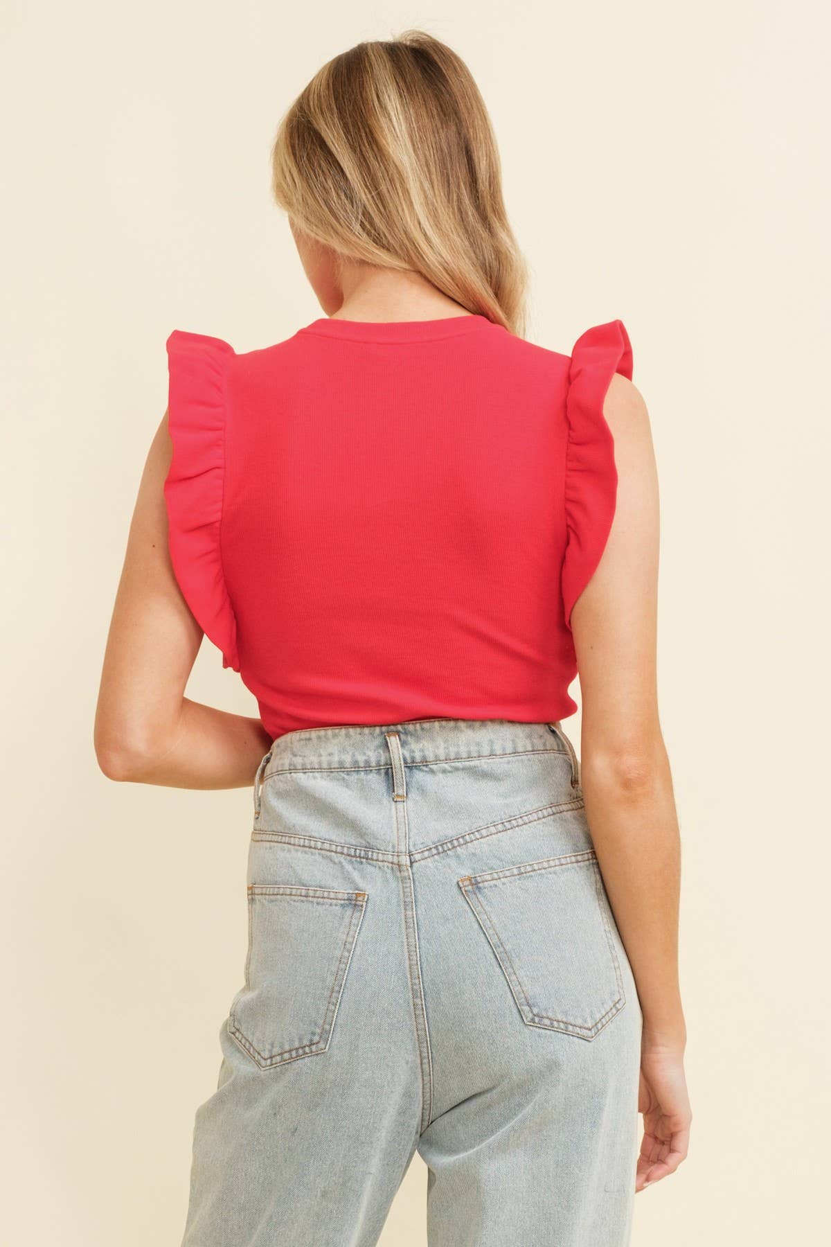 GAME DAY RUFFLE SLEEVE TOP: RED