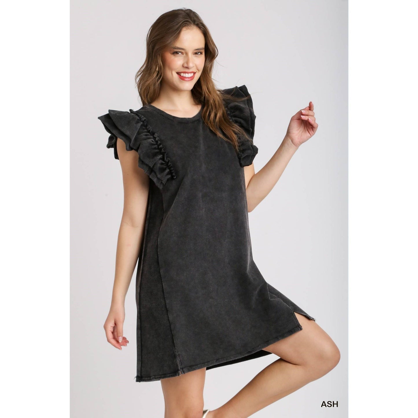 MINERAL WASH RUFFLE DRESS: ASH