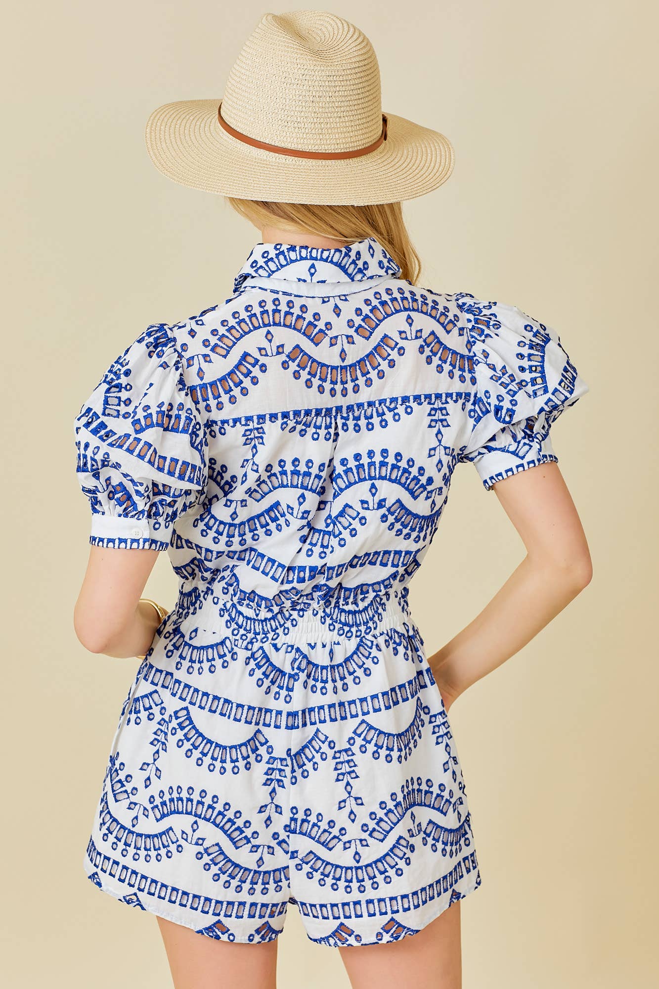 BLUE/WHT EYELET ROMPER