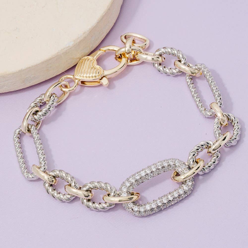 GOLD PLATED TWO TONE PAVE CHAIN LINK BRACELET: GOLD