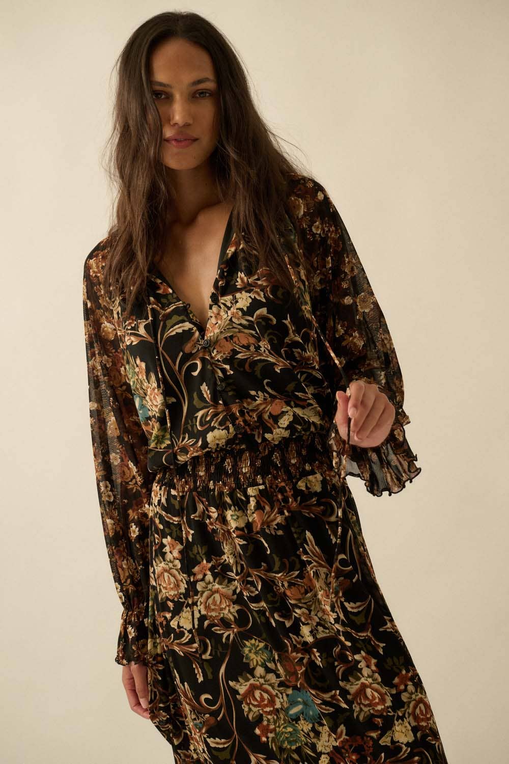 FLORAL PRINT BUTTON UP RUFFLE MAXI: BLACK
