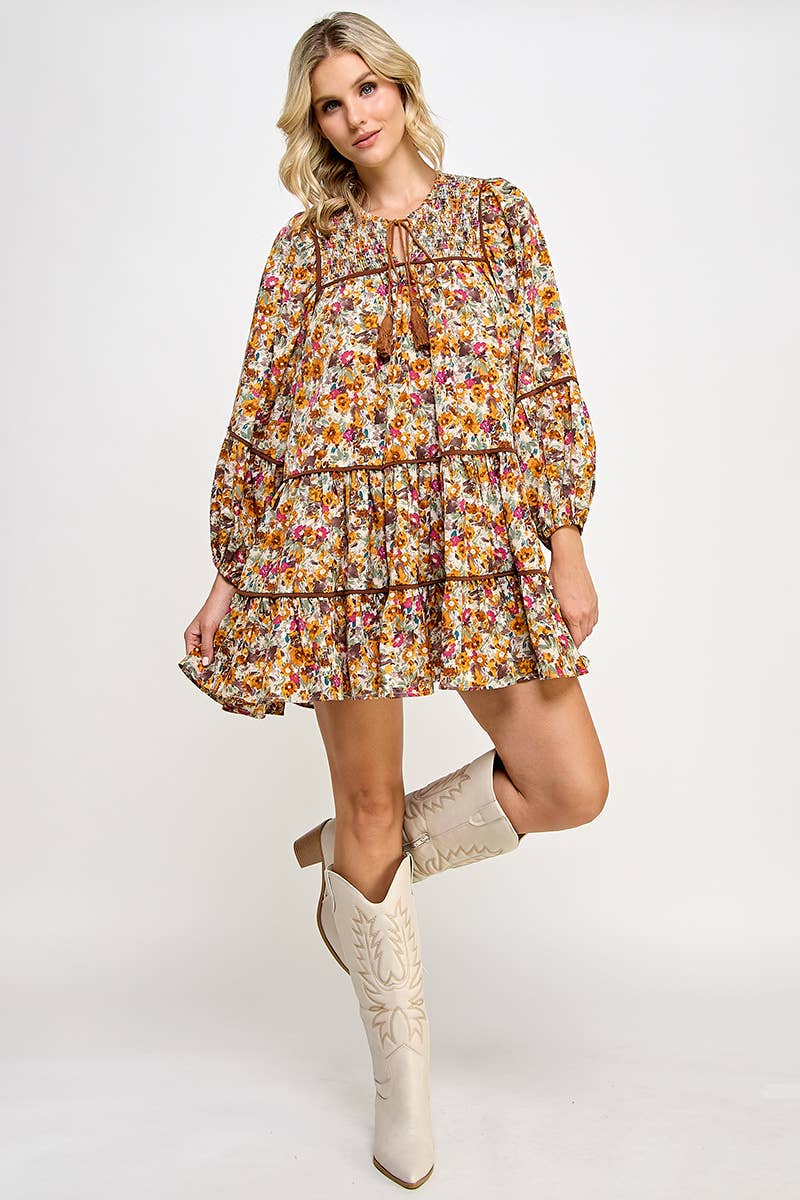 RUST FLORAL BALLOON SLEEVE DRESS