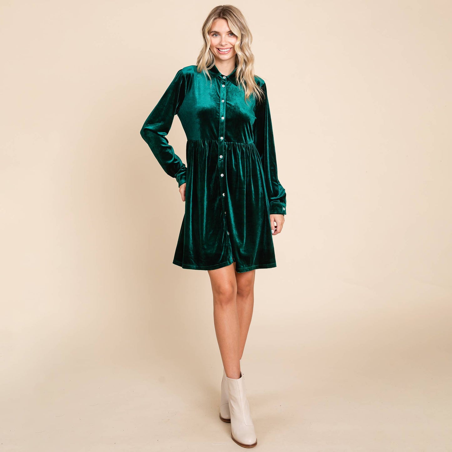 EMERALD VELVET SMOCKED WAIST DRESS