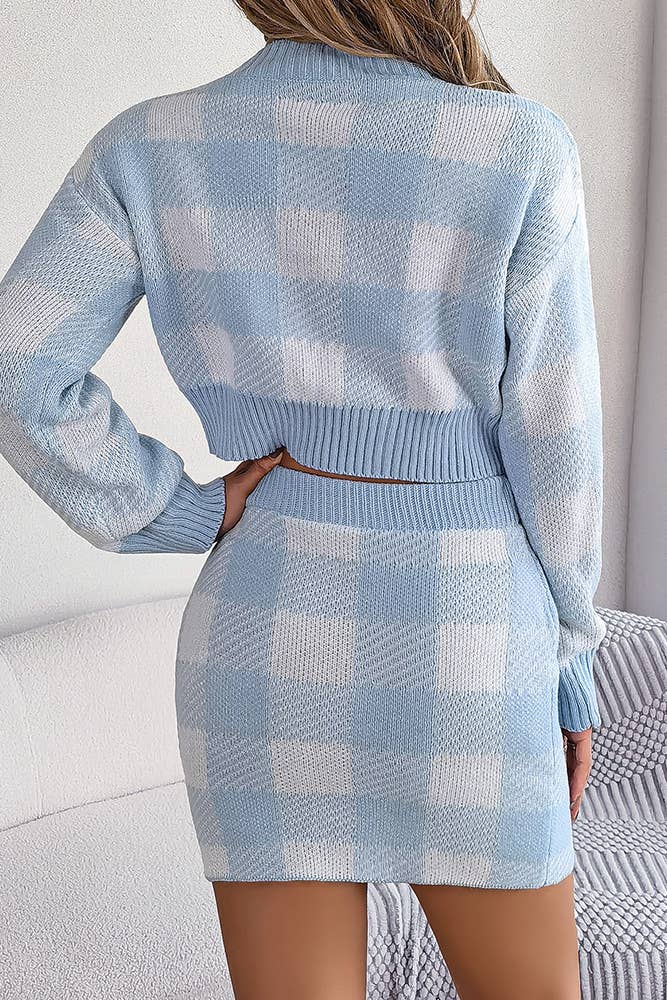 LT BLUE PLAID KNIT SET