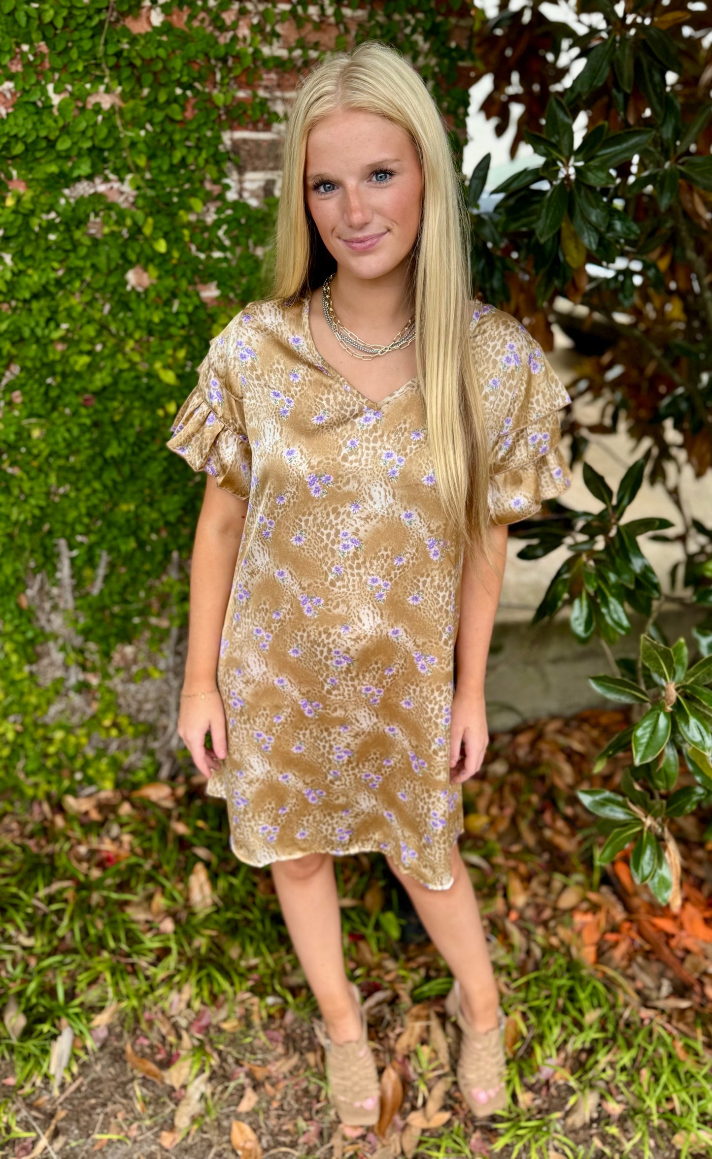 CHAMPAGNE SATIN FRILL SLEEVE DRESS