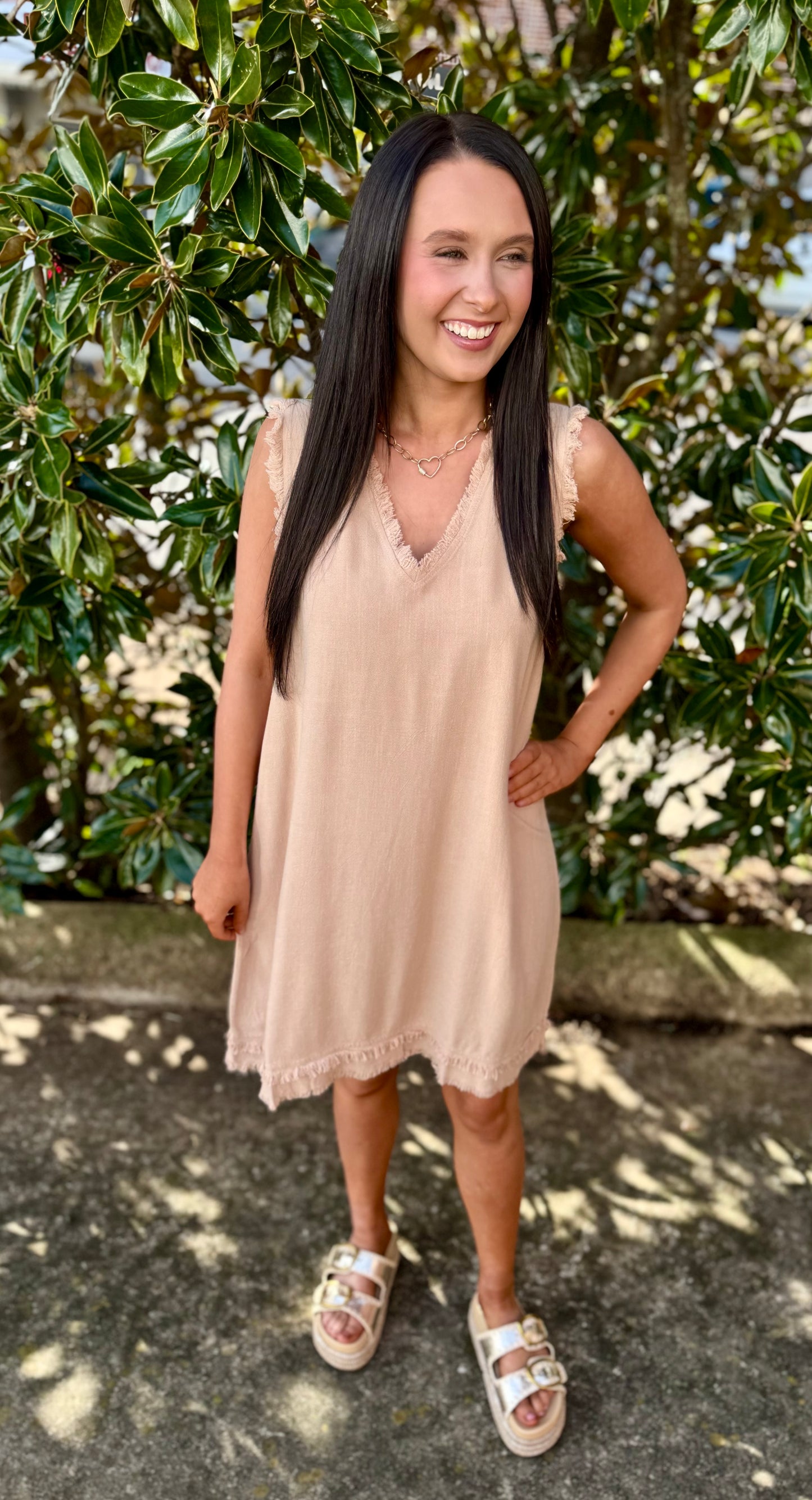SOFT WASH VNECK DRESS: KHAKI