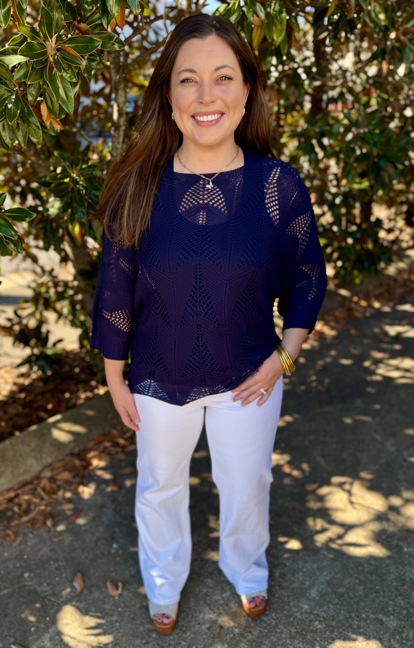 NAVY CROCHET SWEATER