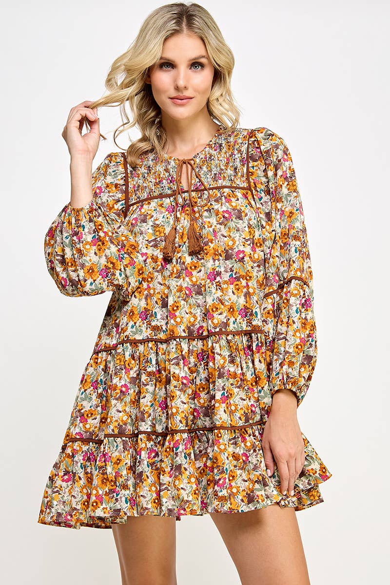 RUST FLORAL BALLOON SLEEVE DRESS