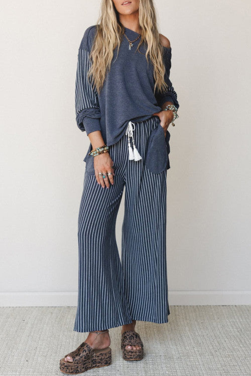 STRIPE KNIT PANT SET: BLUE