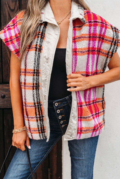 PINK PLAID SHERPA VEST