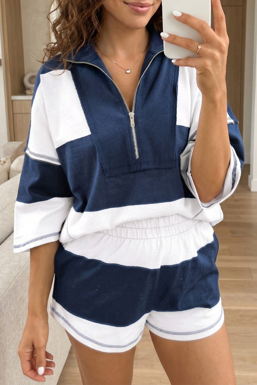 NAVY WHITE STRIPE SHORT SET