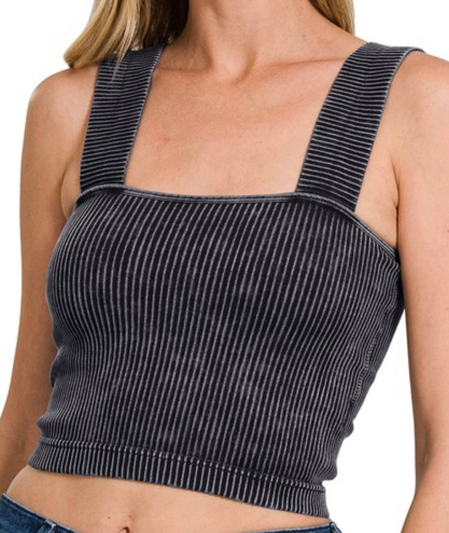 WASHED SQUARE NECK TANK- BLK