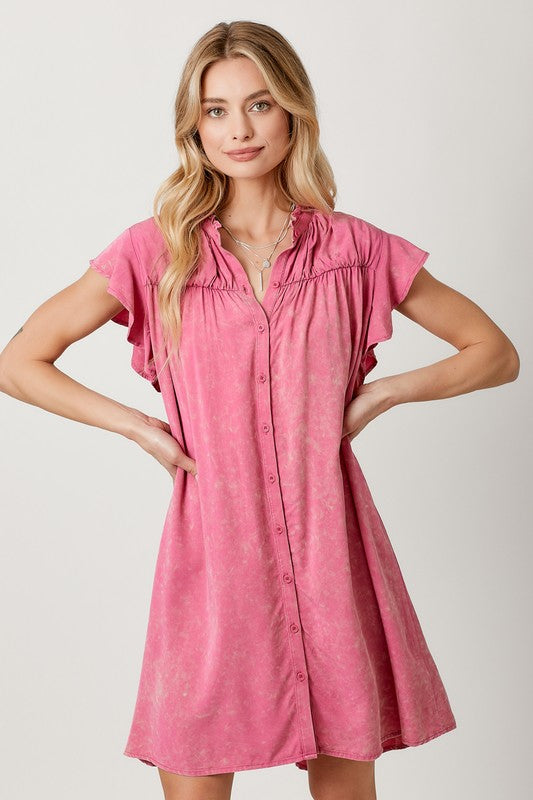 WASHED FLUTTER SLEEVE DRESS: BERRY