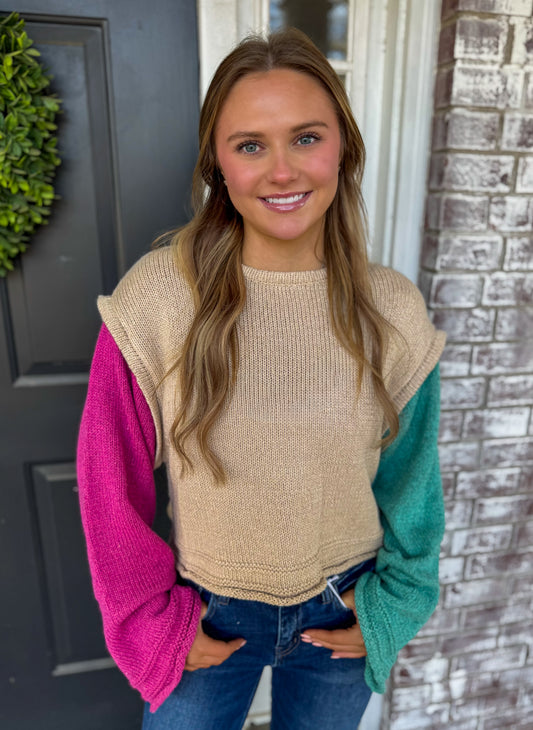 TAUPE COLOR BLOCK SWEATER
