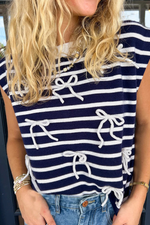 NAVY WHITE STRIPE BOW TOP