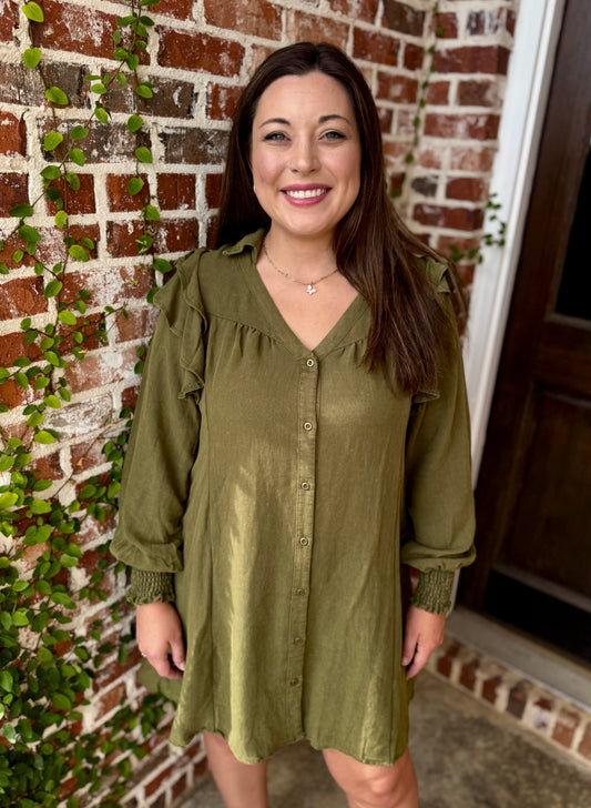OLIVE RUFFLE SLEEVE DRESS