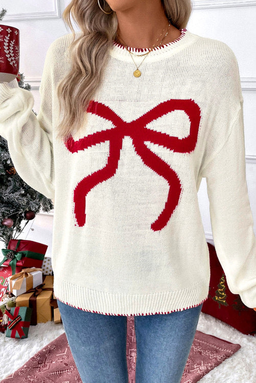 WHITE RED BOW SWEATER
