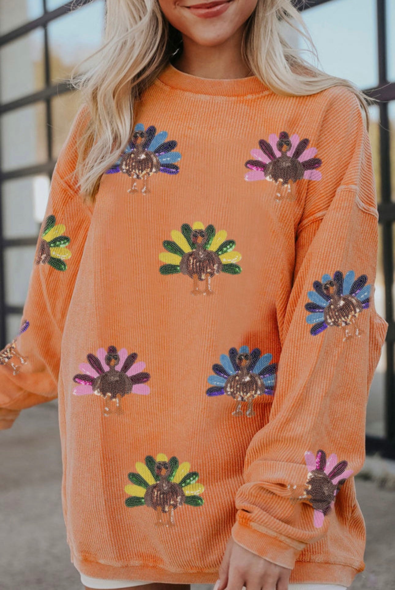 SEQUIN TURKEY PULLOVER: ORANGE
