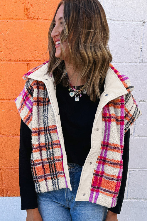 PINK PLAID SHERPA VEST