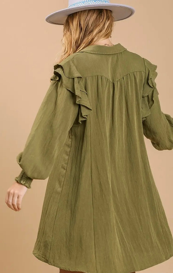 OLIVE RUFFLE SLEEVE DRESS