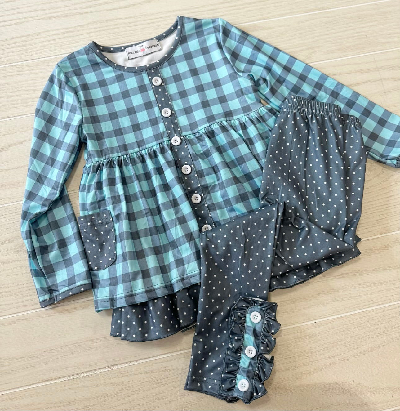 GIRLS DUSTY BLUE GINGHAM SET