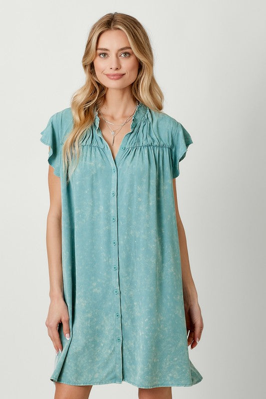 WASHED FLUTTER SLEEVE DRESS: EMERALD