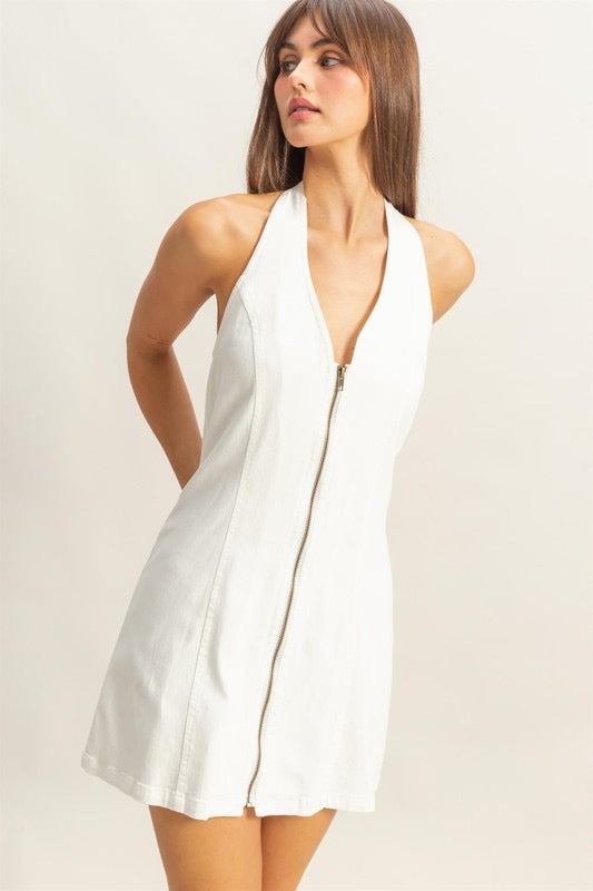 ZIP HALTER DRESS: WHITE DENIM