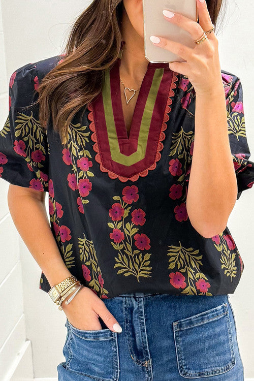 BLACK FLORAL BUBBLE SLEEVE VNECK TOP