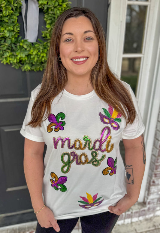 WHITE SEQUIN MARDI GRAS TEE