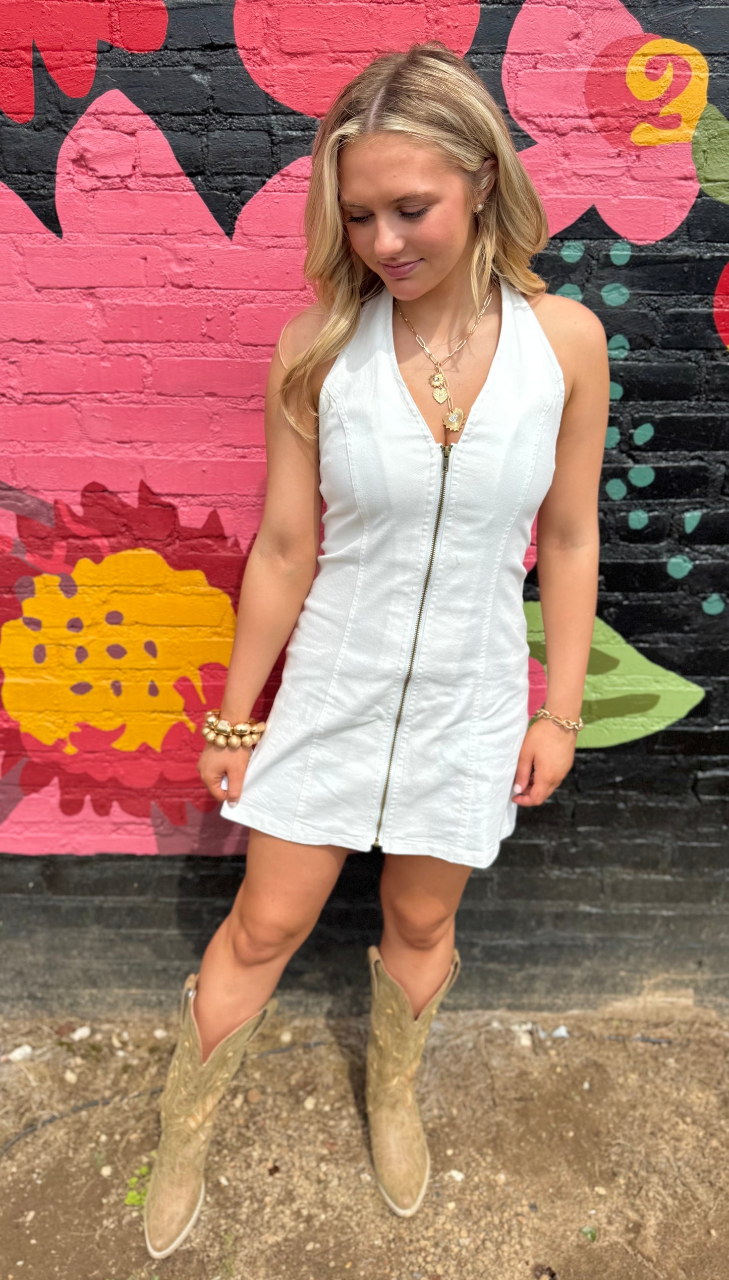 ZIP HALTER DRESS: WHITE DENIM