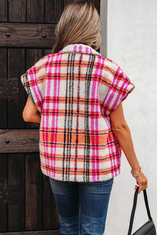 PINK PLAID SHERPA VEST