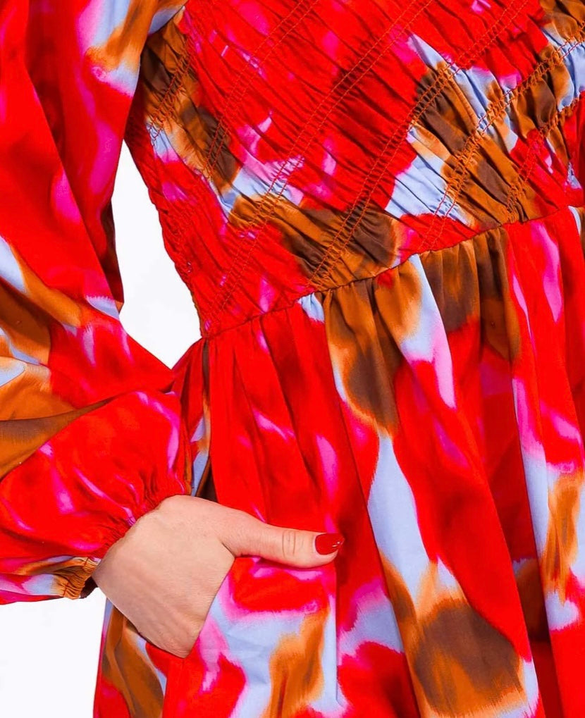 RED MULTI PUFF SLEEVE DRESS