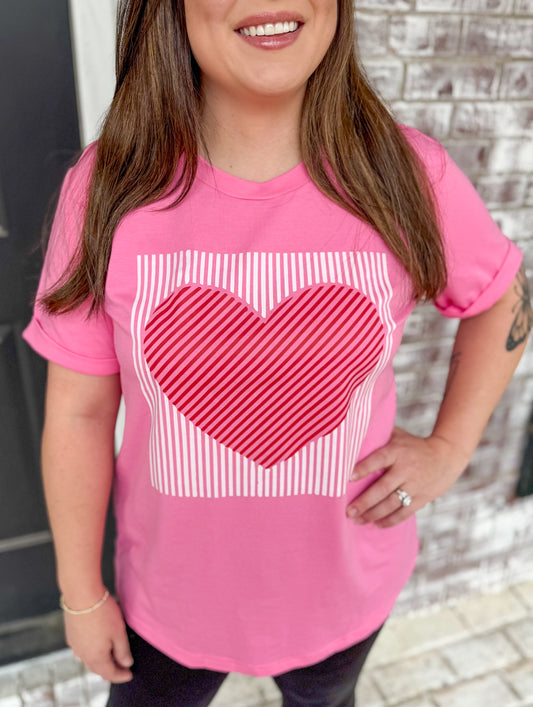 PINK STRIPED HEART TEE