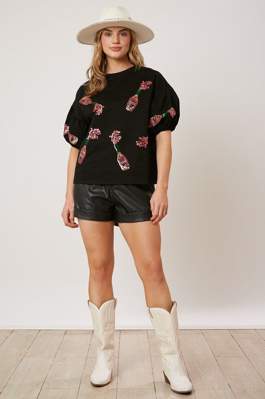 SEQUIN CHAMPAGNE BUBBLE SLEEVE TOP