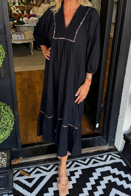 LEOPARD TRIM MIDI DRESS: BLACK